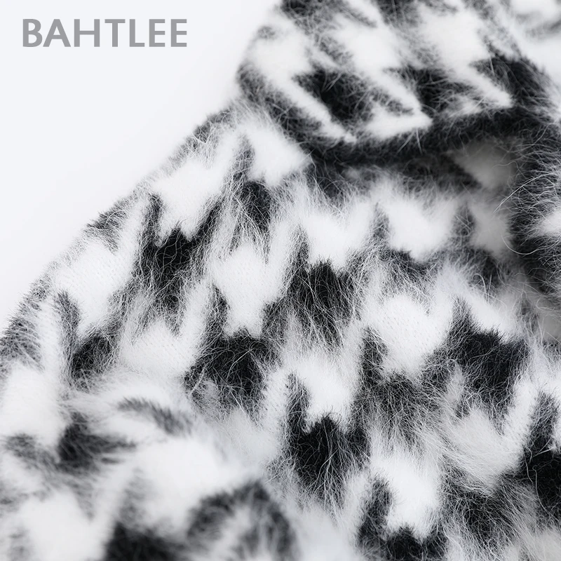 BAHTLEE-Women\'s Angora Long Coat, Houndstooth Pattern Sweater, Wool Knitted Cardigans, Turn Down Collar, Long Sleeves, Winter