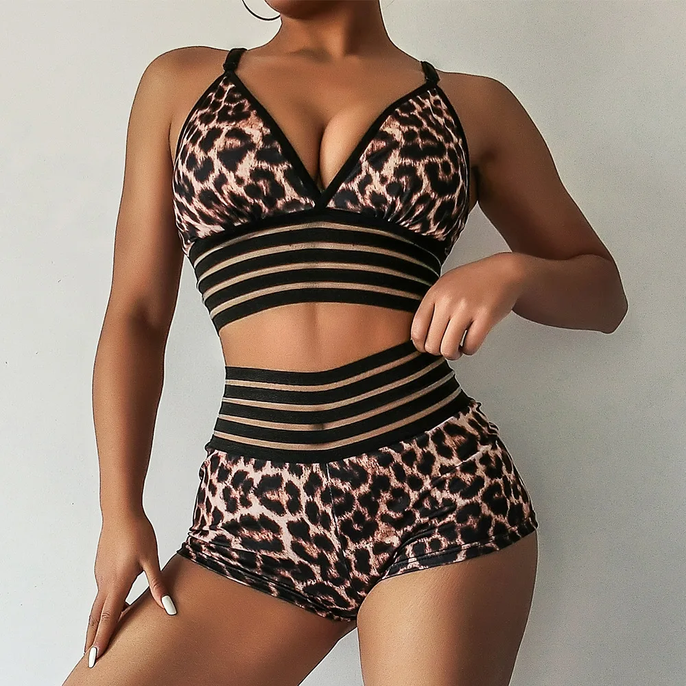 Leopard Mesh Fitness Set Padded Crop Top High WAIST Sexy Shorts Yoga Suit Women Workout Clothes Sports Suits Gym Sets