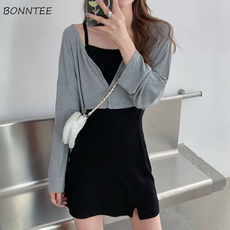 Two Pieces Sets Women Solid Crop Top and Slit Simple Korean Style Chic Trendy Daily Ulzzang College Female Clothing Summer Ins