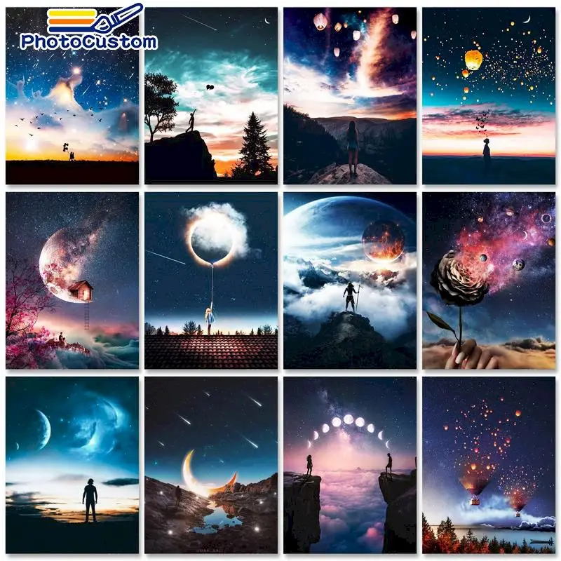 

PhotoCustom Oil Paint By Numbers Kits Starry Sky Landscape Painting By Numbers On Canvas Frameless 60x75cm DIY Draw Painting