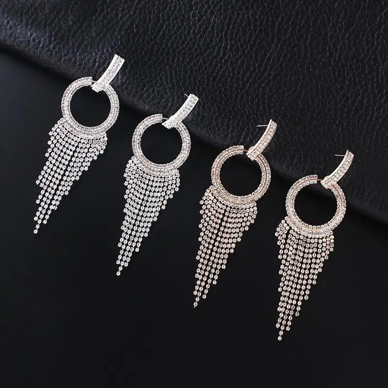 Long Tassel circel Drop Earrings for Women Bijoux Shiny Full Rhinestone Crystal Dangle Earring Statement Jewelry E713