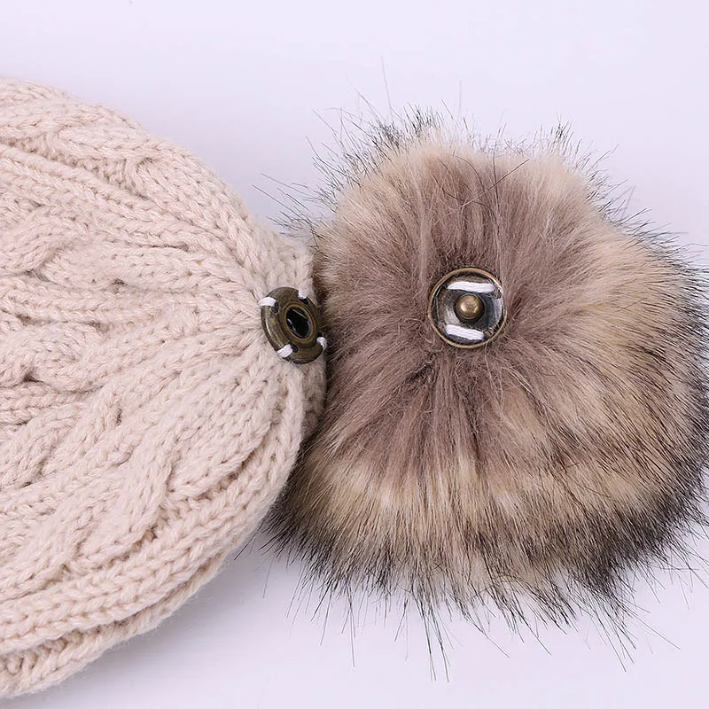 Children Hat And Scarf Set Winter Solid Skullies Beanies With Double Faux Fur Pompom High Quality Knitted Hat Ring Scarf Cap Set