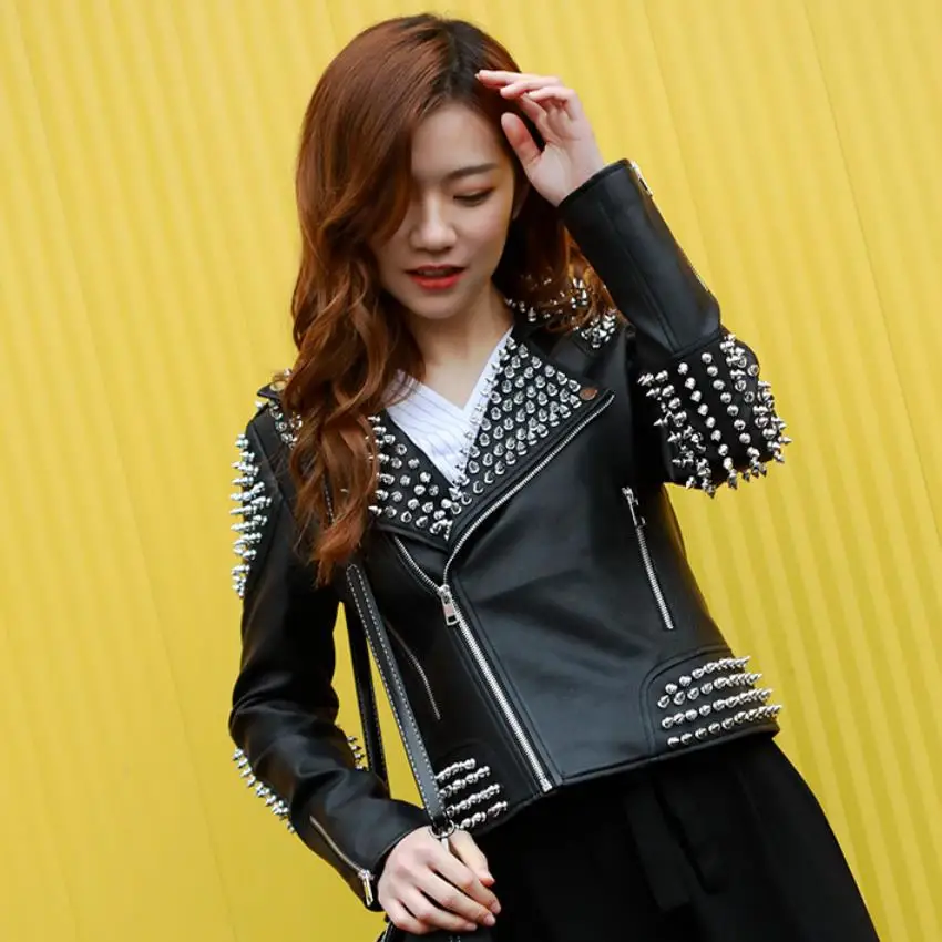 Punk rivet beading pu leather jackets spring bullet Beading leather outerwear female fashion was thin PU leather jacket WQ218