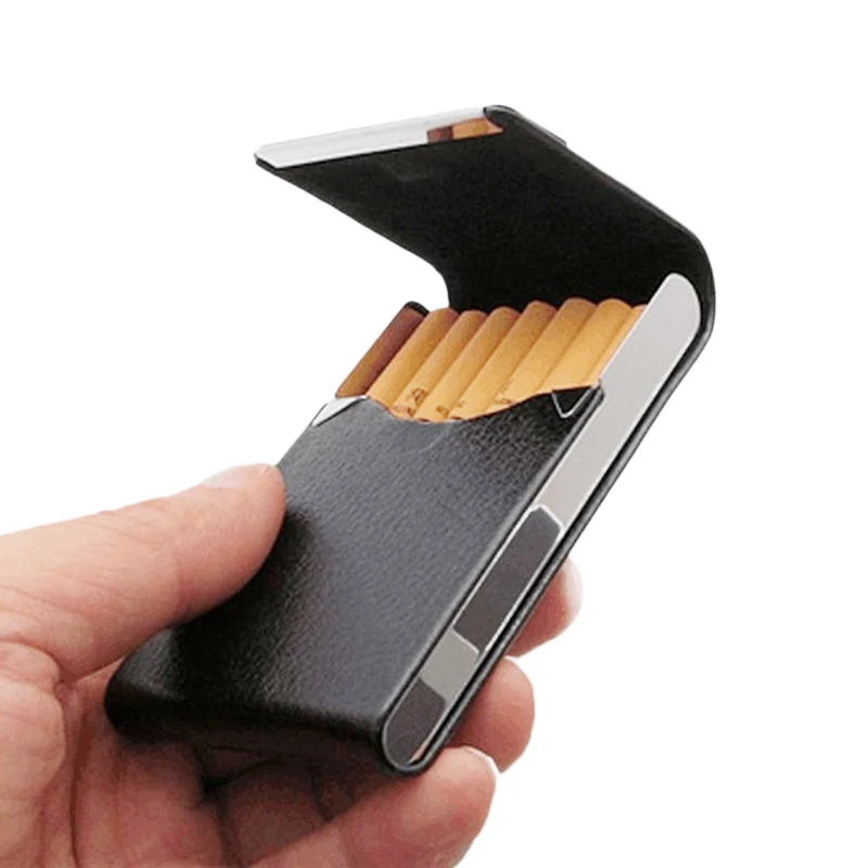 1pcs Anti Pressure Waterproof Metal Cigarette Box Holds 7-14pcs Cigarettes Fashion Individuality PU Clamshell Cigarette Case