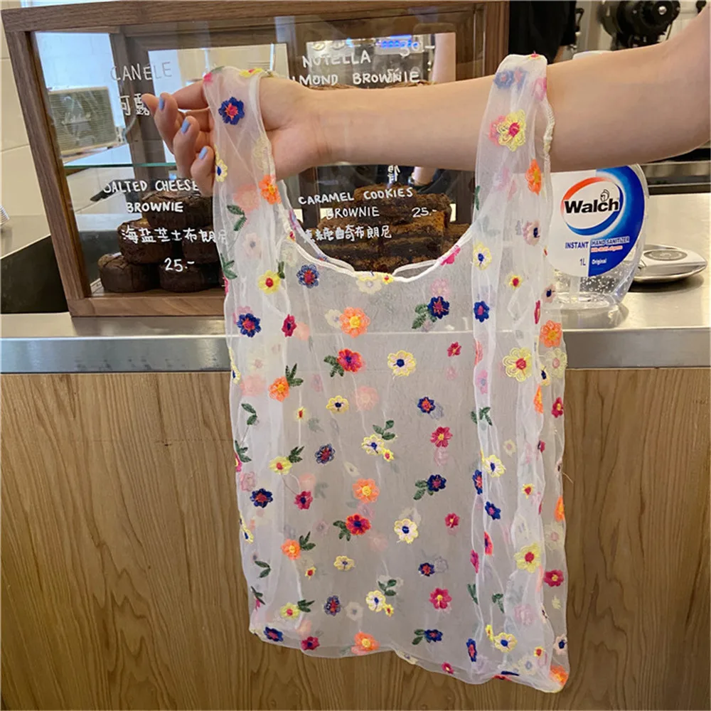 Foldable Recycle Shopping Bag Women Embroidered Light Clear Organza Jelly Tote Shoulder Mesh Bags Fruit Bag Purse for Girls 2024