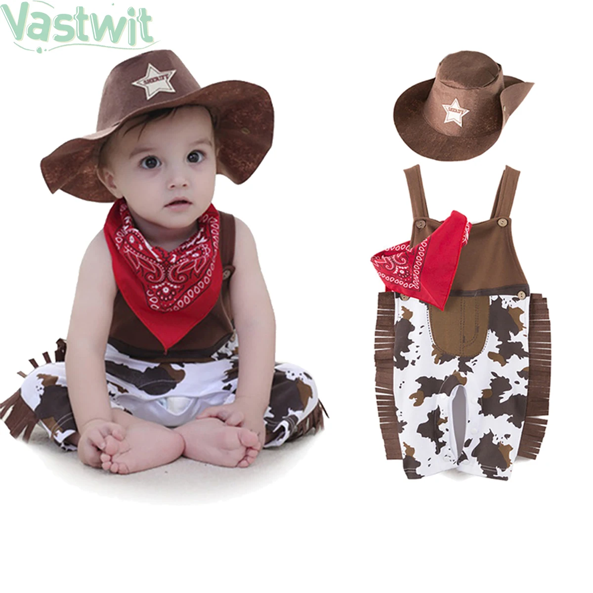 

Baby Boy Clothes Fancy Costume Toddler Boy Cowboy 3Pcs Set Hat Scarf Baby Romper Halloween Cowboy Cosplay Birthday Party Outfit