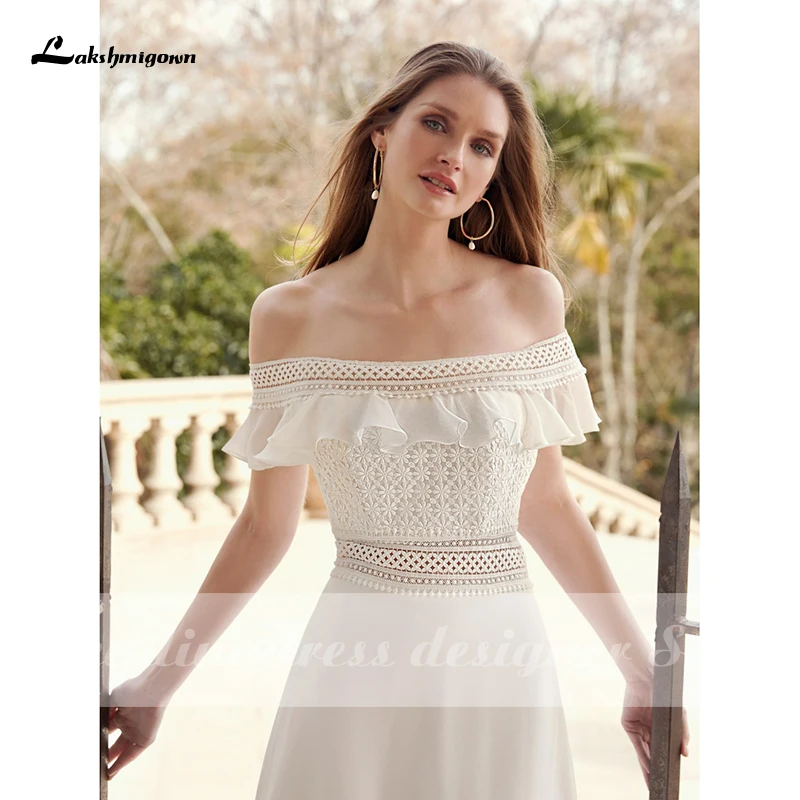 Lakshmigown – robe de mariée élégante en mousseline de soie, épaules dénudées, dentelle, balayage avec traîne, ligne A, style Boho, 2021