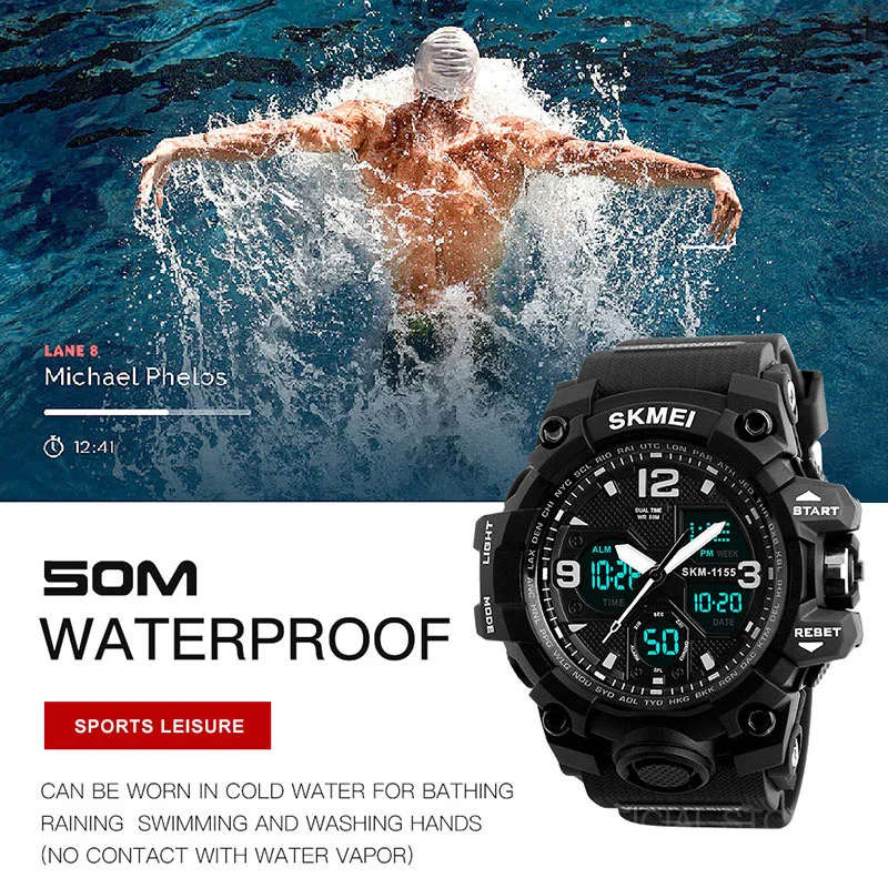 SKMEI Fashion Sports Watches For Men Shockproof Waterproof Digital Wristwatches Men Watch 2 Time Chrono Male reloj hombre 1155B