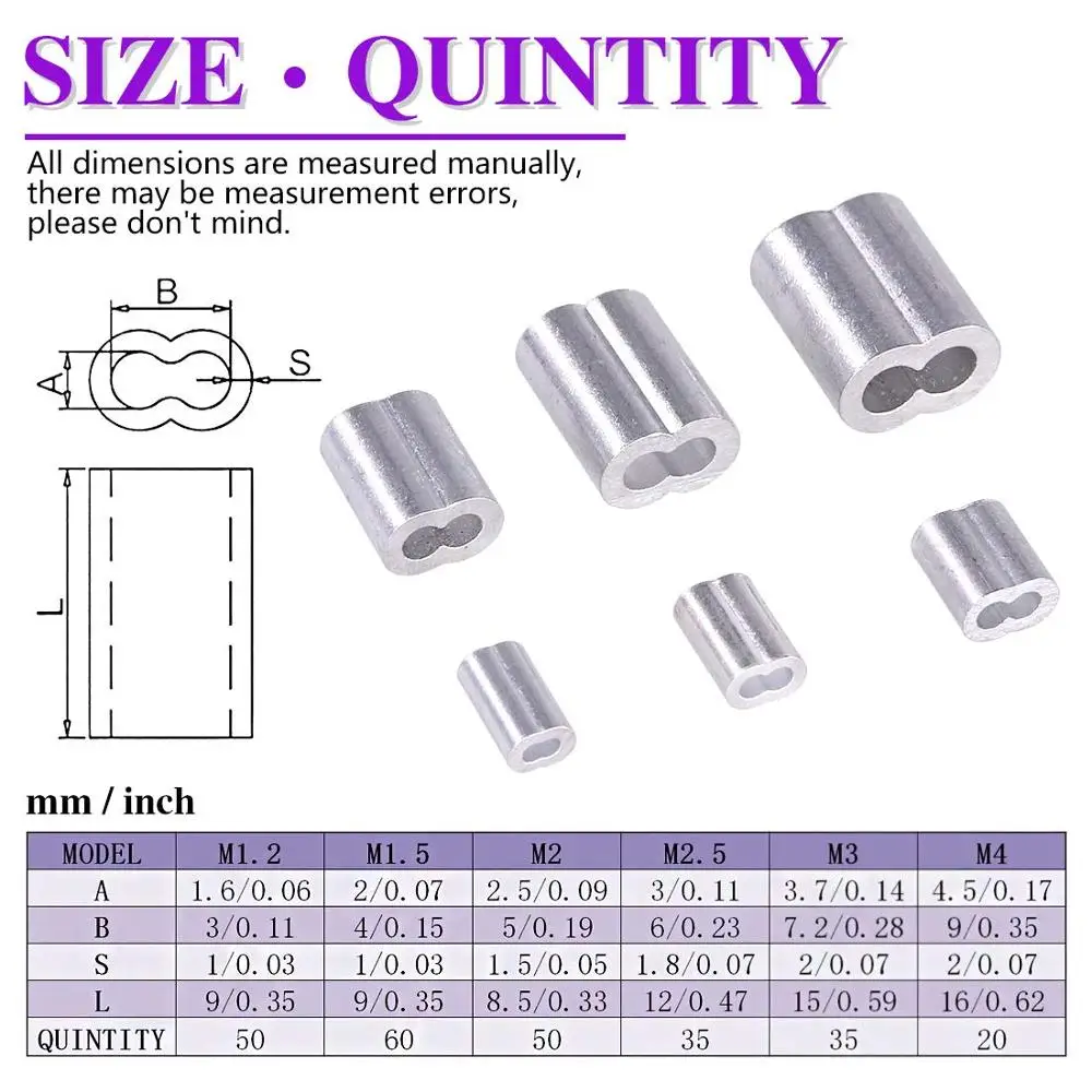 8 Size 304 Stainless Steel Wire Rope Cable Thimbles and 6 Sizes Aluminum Crimping Loop Sleeve Assortment Kit,Wire Rope Sleeves