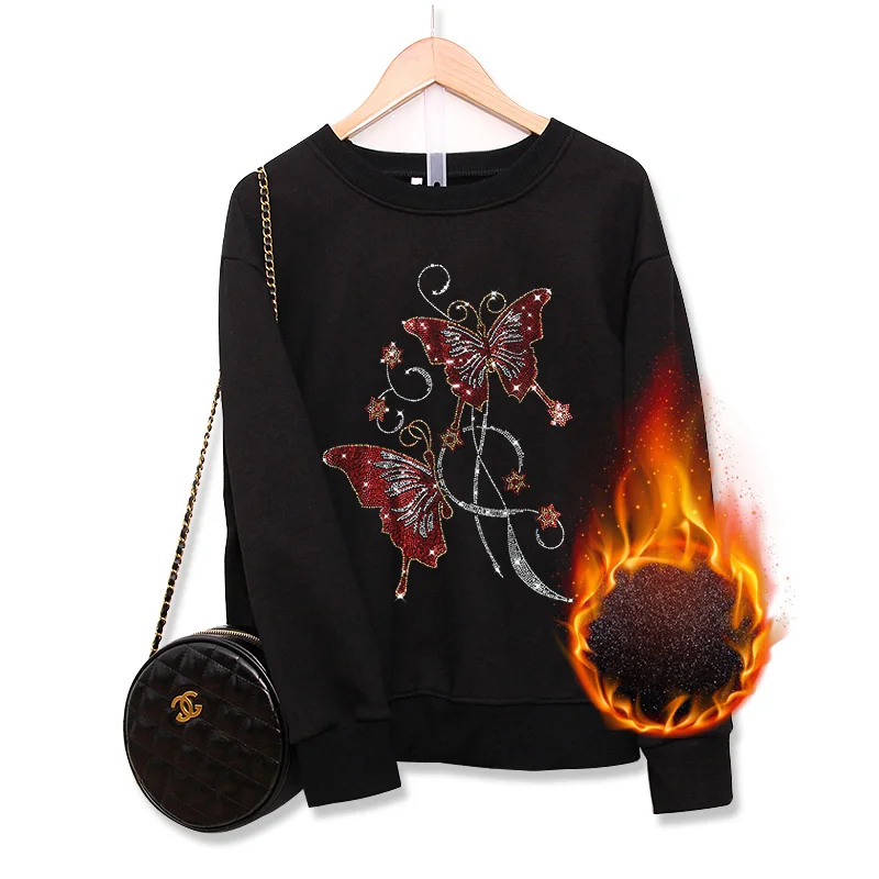 

Winter Fashion Keep warm Loose Sweatshirts female Fleece thickening Creativity butterflies Hot diamonds women tops pullovers