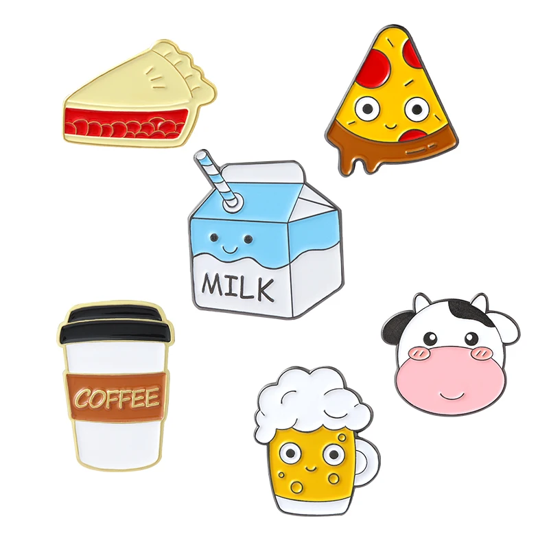 Cartoon Food Enamel Pins Kawaii Milk Coffee Beer Cow Sandwich Pizza Brooches Backpack Badges Gifts For Women Men Custom Jewelry