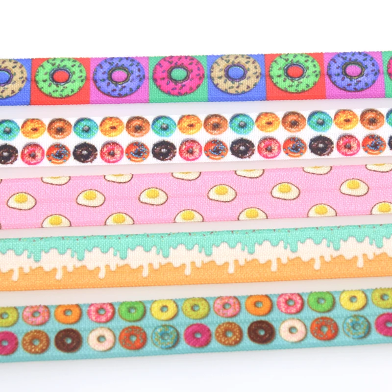 DHK 5/8'' 5yards Cupcake Donuts Egg Printed Fold Elastic FOE Stretch Ribbon Hairbow Headwear Headband DIY OEM 15mm C1902