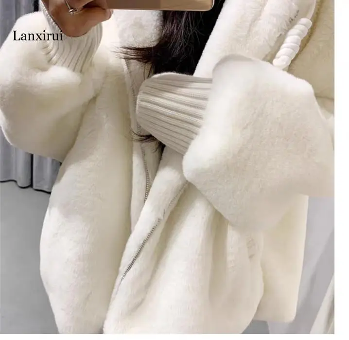 Autumn Winter Loose Hooded Plush Jacket Large Size Imitation Rabbit Fur Coat Youth Student White Zipper Plush Jacket Cardigan