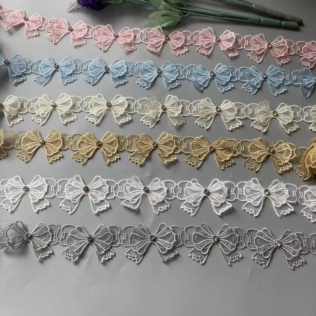 10x Bowknot Rhinestones Mesh Net Embroidered Lace Trim Ribbon Patches Applique Fabric DIY Wedding Dress Sewing Supplies Craft