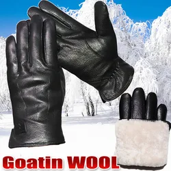 Winter Men's Leather Gloves Goatskin Deerskin Pattern Gloves Sheepskin Wool Thickening Warm  Leather Wool Integrated Genuine New