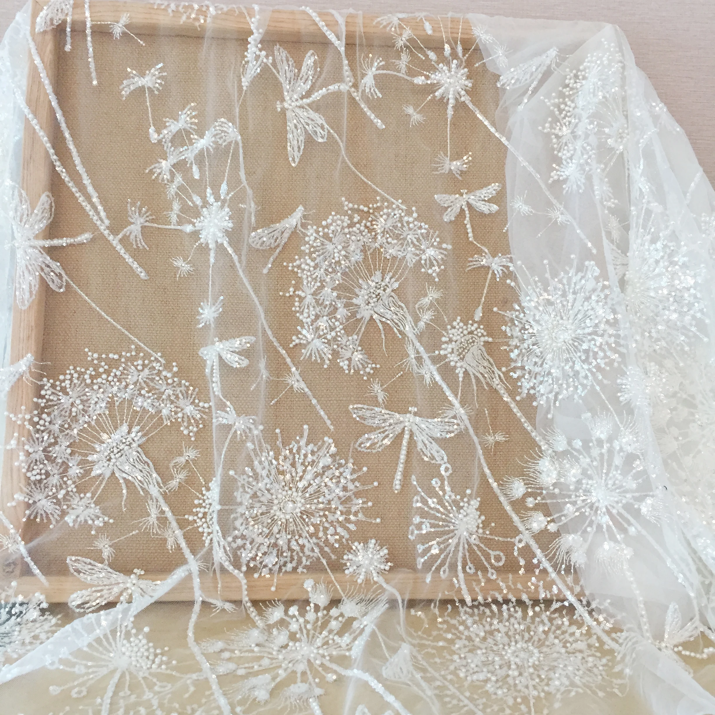 Ivory 3D Beaded Tulle Lace Fabric with Dandelion Dragonfly Haute Couture Weddiing Gown Beach Dress DIY Flower Fabric by Yard