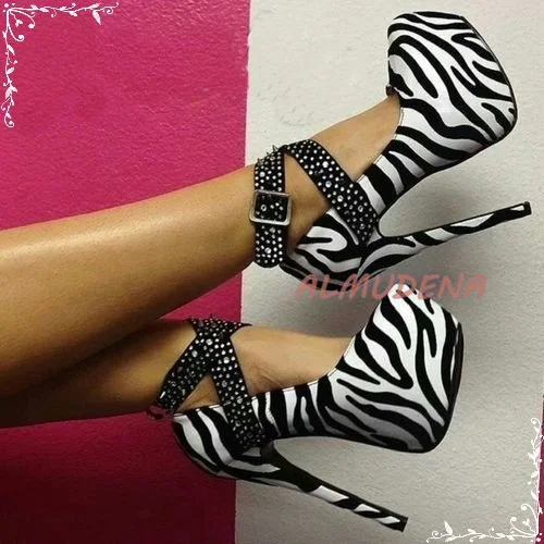 

Round Toe Leopard Stiletto Platform High Heels Women's Spring Sexy Suede Zebra Pattern Hasp Pumps Rhinestone New Stylish Shoes