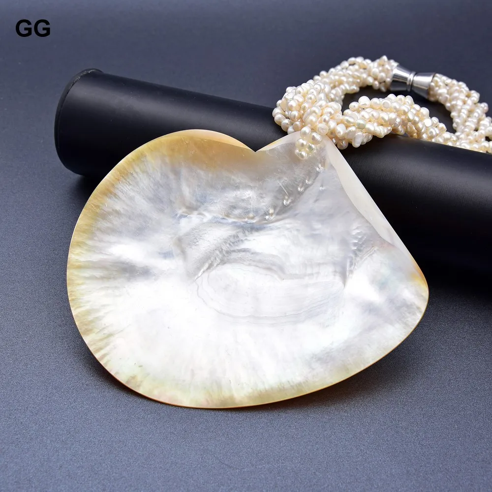 GuaiGuai Jewelry 7 Rows Natural White Keshi Pearl Big Shell Pendant Necklace