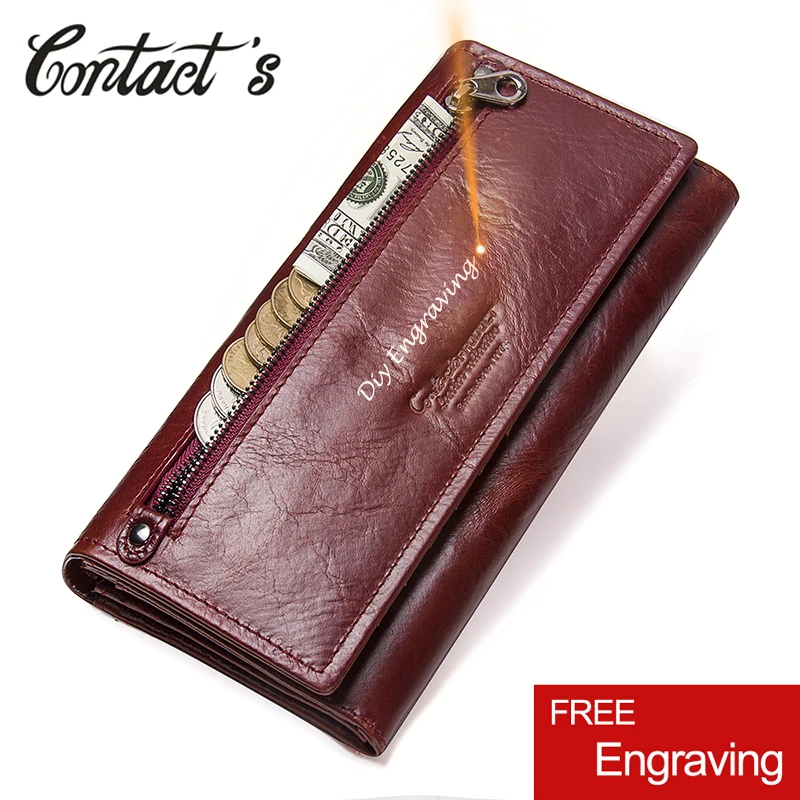 Contact's Fashion Long Purse Genuine Leather Wallet Women Luxury Brand Female Clutch Wallets Phone Pocket Card Holder Carteras