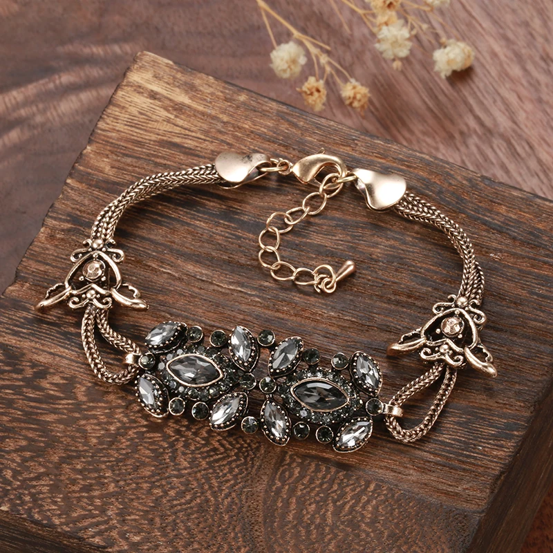 Wbmqda Charm Gray Crystal Bracelet for Women 585 Antique Gold Color Ethnic Wedding Vintage Jewelry Russia Accessories