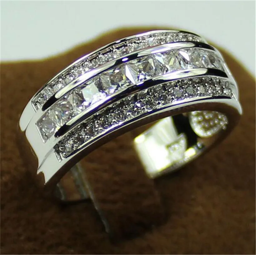 Anillo de oro blanco de lujo de 10K para hombre y mujer, sortija de boda con piedras preciosas de cristal de zafiro blanco, corte de princesa, joyería