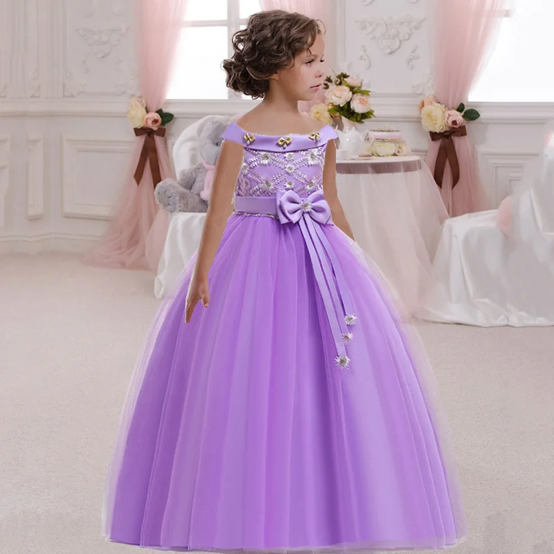 Girl Pink White One Shoulder Long Bridesmaid Dress Kids Bow Gown Clothes For Children Princess Party Wedding 12 13 14 Vestidos image 3