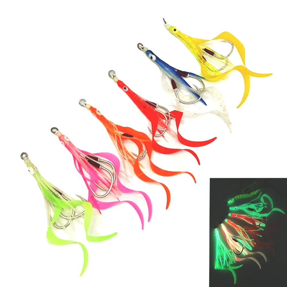 

2pc 1/0-5/0 Jig Hook Soft Bait Wobblers Fish Bionic Rubber Luminous Squid Octopus for Bass Luya Lure Sea Fishing Accessories