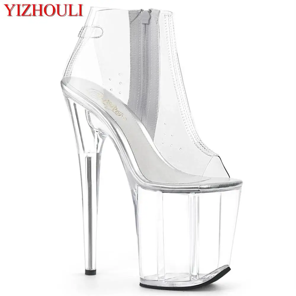 Fully transparent 20 cm shoes, 8 inch model stiletto heels, fish mouth zipper openings, nightclub pole dancing ankle boots