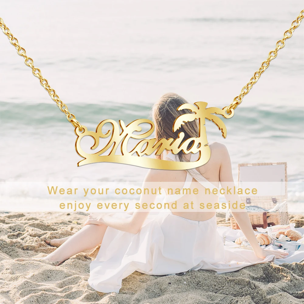 Summer Ocean Series Customized Name Necklace Personalized Coconut tree Waves Beach Surfboard Choker For Men Women Jewelry Gift