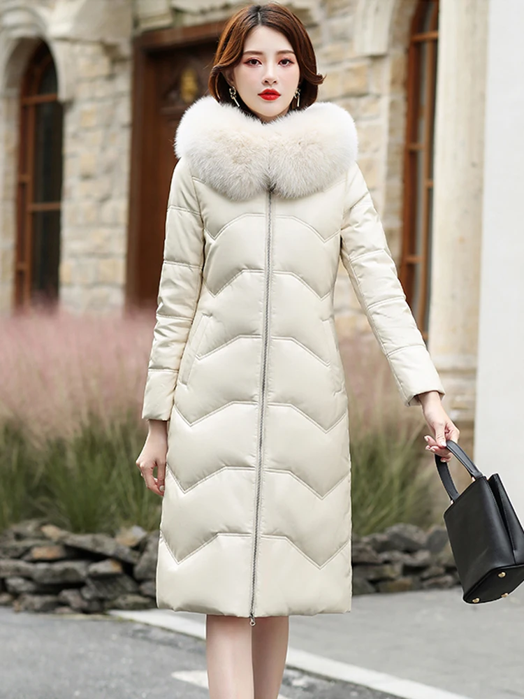 M-5XL Women Leather Coat Winter Fox Fur Hooded Down Midi Length Coats Female Office Lady Slim Warm Outerwear