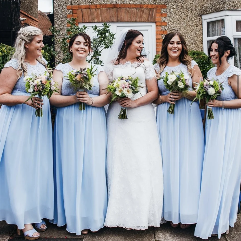 Charmante robe de demoiselle d'honneur formelle de mariage bleu clair, col rond, appliques en dentelle, longueur au sol, soirée, quelle que soit la nouvelle arrivée