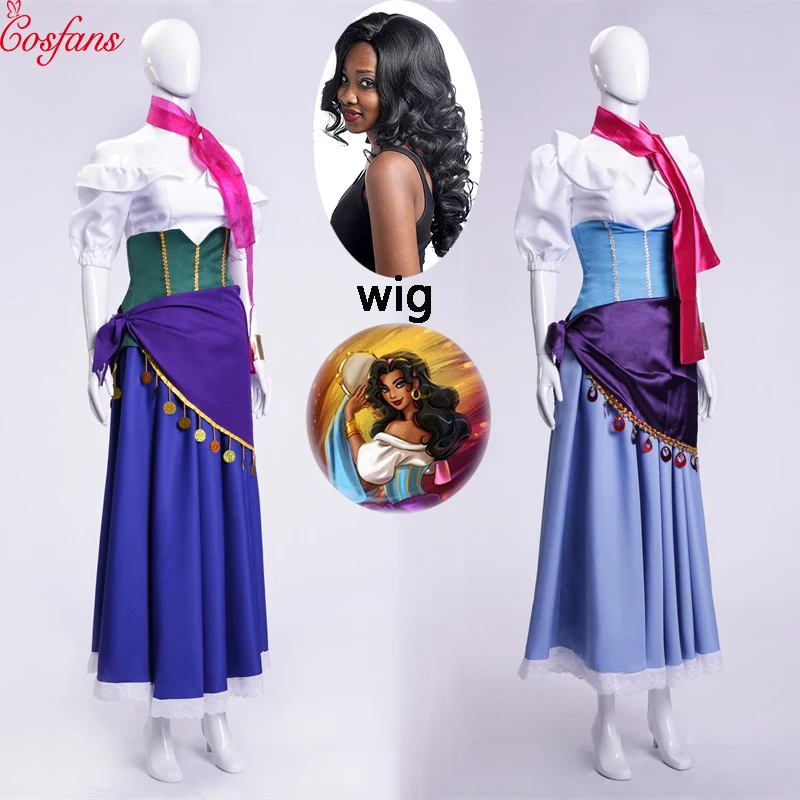 5PCS The Hunchback of Notre Dame Esmeralda Cosplay Costume Purple Blue Partywomen girl Dress Halloween Cosplay Costume and wig