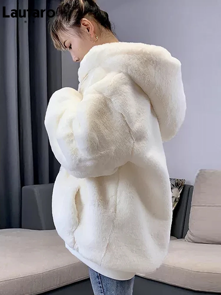 Lautaro Winter Fluffy Warm Soft White Oversized Faux Fur Jacket Women Long Sleeve Black Zip Up Faux Fur Sweatshirt Korean Hoodie