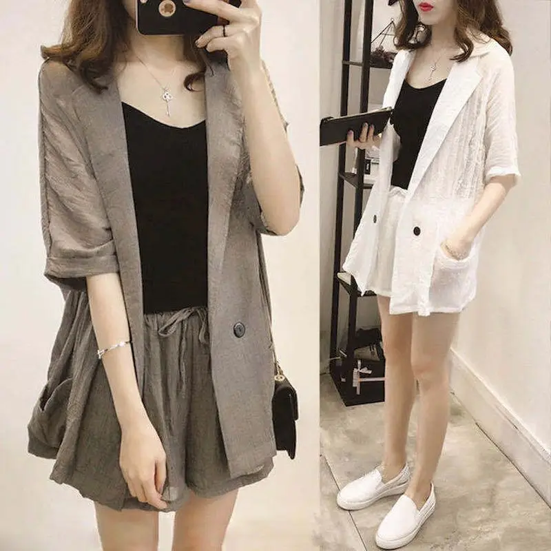 

2023 Summer New Women's Suits Korean Oversized OL Thin Coat Shorts Suit Cotton Linen Suit Two Piece Sets Blazer And Shorts Sets