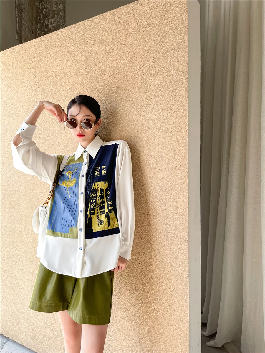 CHEERART 2021 Fashion Shirts For Women Long Sleeve Color Block Button Up Collared Print Shirt White Top And Blouse Korean Style