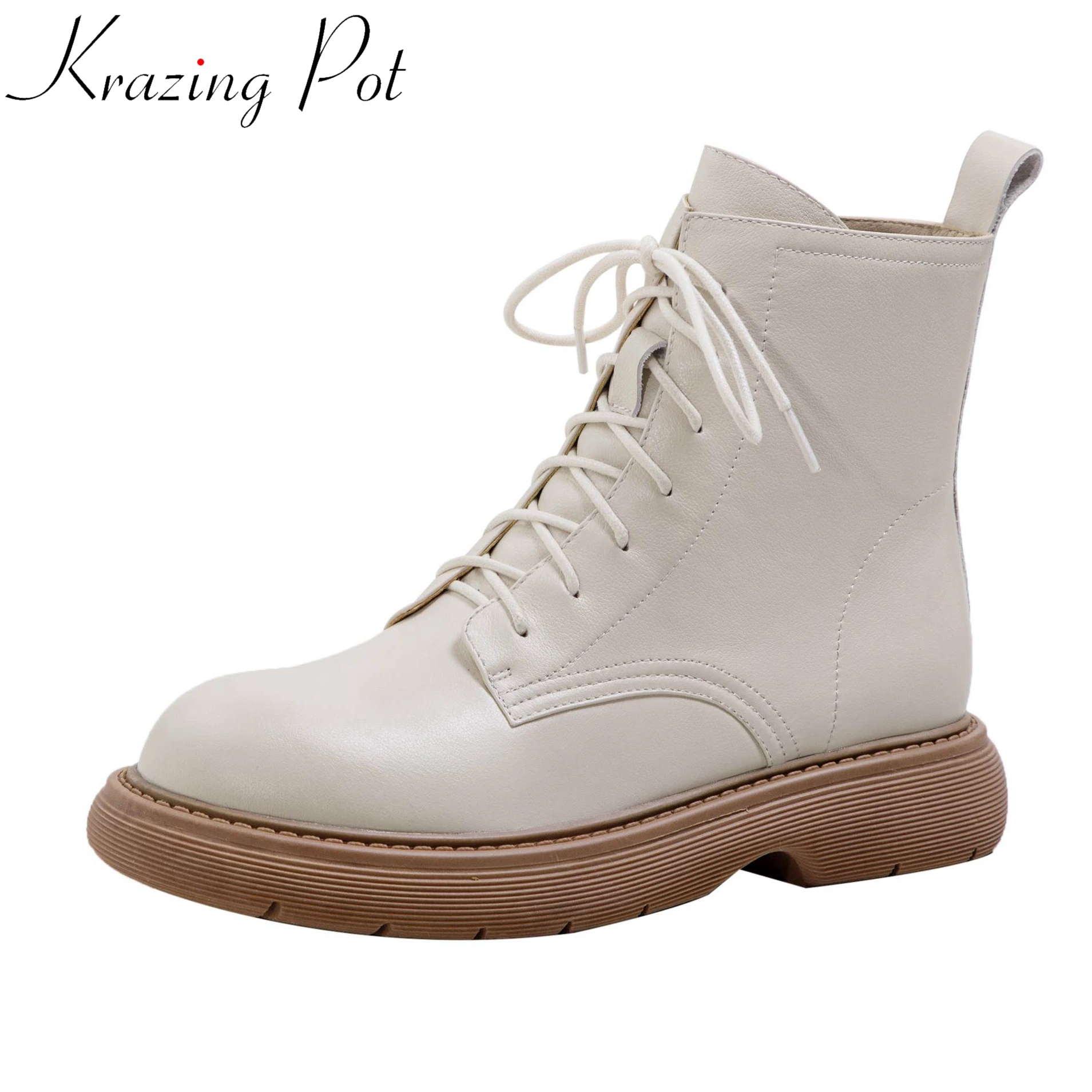 Krazing Pot 2025 Cow Leather Round Toe Lace Up Fur Modern Chelsea Boots Med Heel Fashion Comfort Winter Casual Brand Ankle Boots