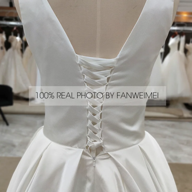 #9139 REAL PHOTOS BY FANWEIMEI Sleeveless V-Neck  Backless  A-Line Satin Wedding Dress Bridal Gowns