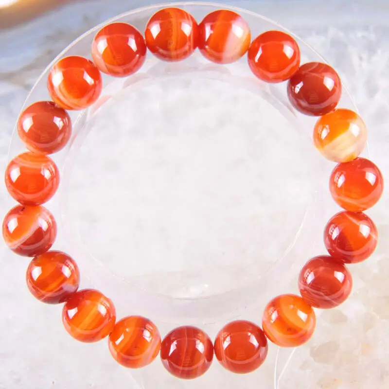 10mm Natural Orange Red Veins Agate Round Beads Stretchy Bangle Bracelet