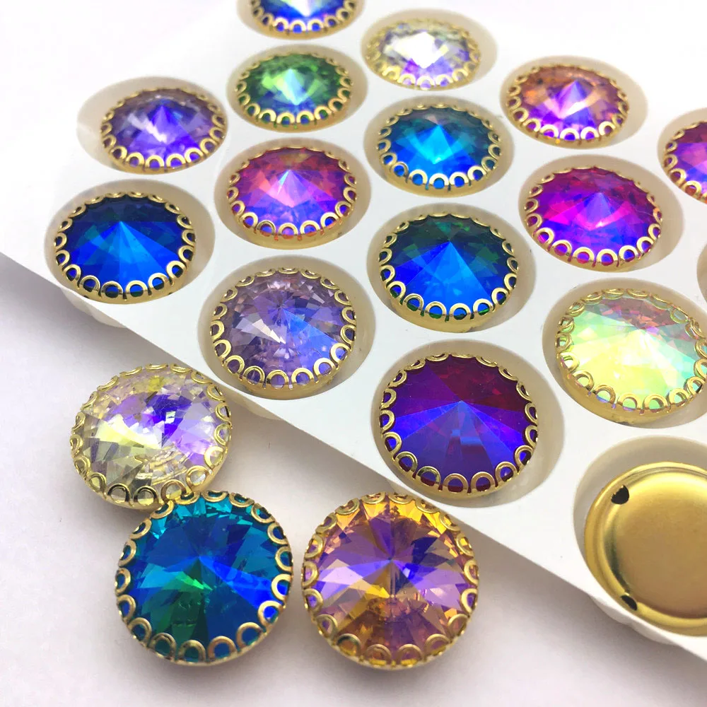 AB colors round shape strass sew on rhinestones gold base lace claw rilvoli glass crystal rhinestone Diy clothing accessories