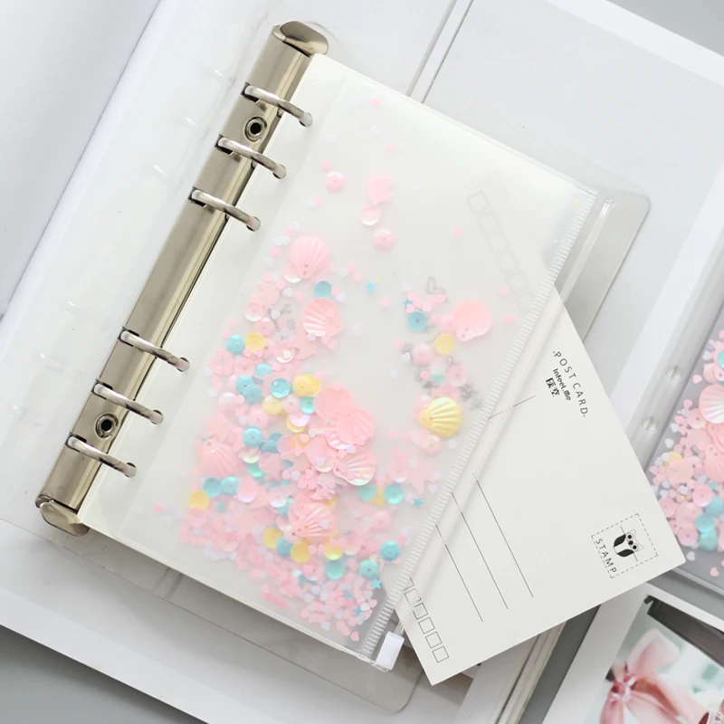 Bolsa de almacenamiento con cremallera en espiral de lentejuelas de concha rosa, accesorios para planificador, diario, cuaderno, archivo, Filofax,