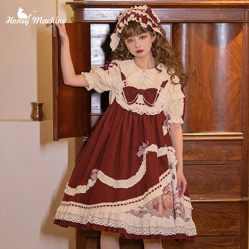 Lolita Schatz Mädchen Roten Kleid Falbala Hohe Taille Viktorianischen Kleid Nette Druck Kawaii Mädchen Gothic Lolita Loli Cos