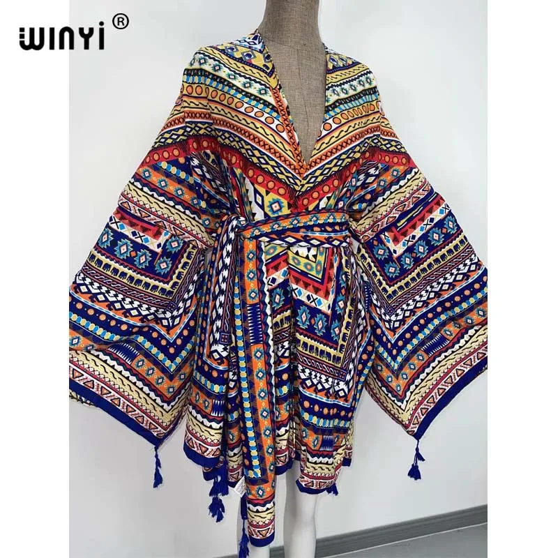 2021 WINYI neue Baumwolle Bikini Süße Dame Rosa Boho Druck Selbst Belted Vorne Offen Lange Kimono Kleid Strand Tunika Frauen wrap Kleider