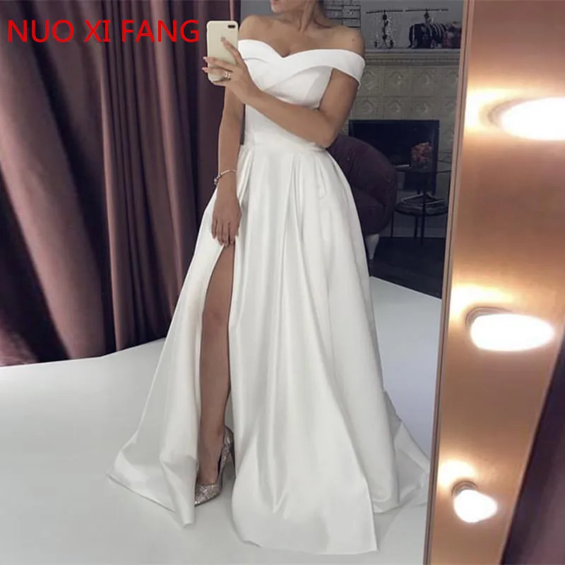 NUOXIFANG Áo Cưới 2022 Satin Lệch Vai Áo Dài Cô Dâu Phải Chia Hở Lưng Đầm Vestido De Noiva Tự Làm Plus Kích Thước