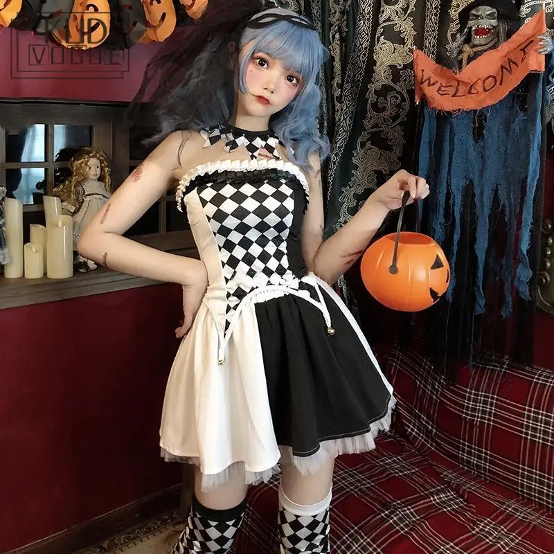 Vestidos góticos sin tirantes para Halloween, ropa de actuación de circo, disfraz de payaso, conjunto de disfraces de Cosplay de cuadrícula en