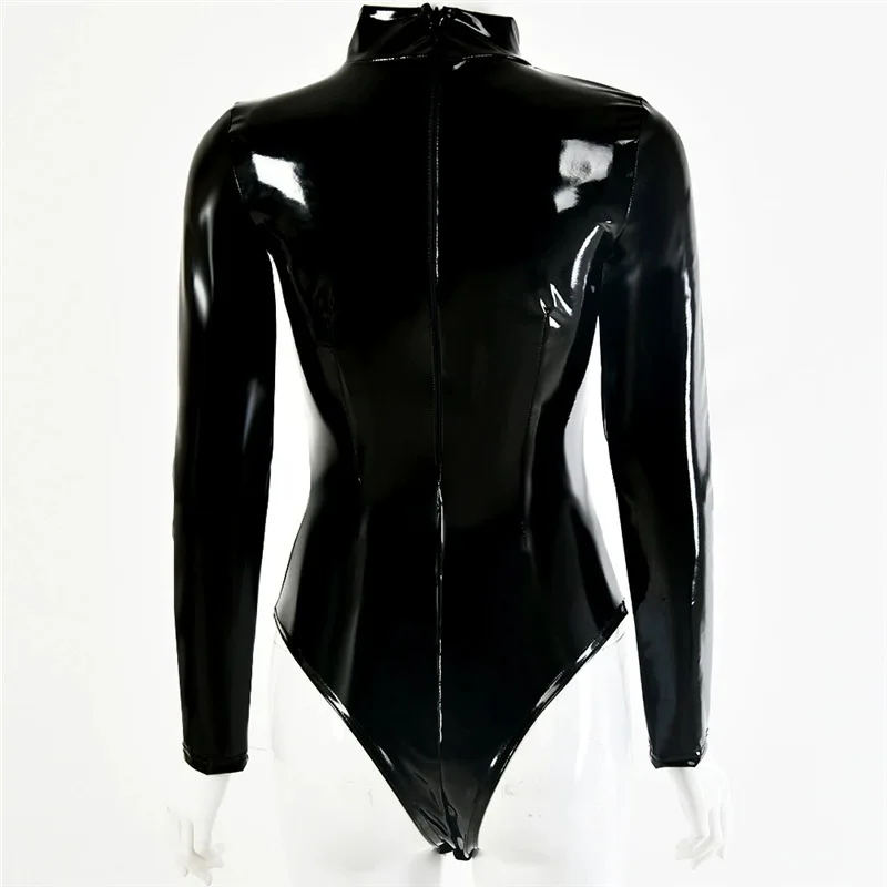 Faux Latex High Cut Sexy Long Sleeve Bodysuit Wetlook Turtleneck PVC Catsuit Body Sculpting Bodystocking Shiny Cosplay Swisuit