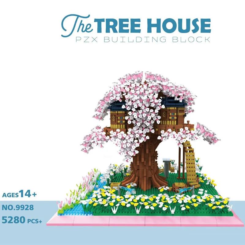 

City Street View Micro Diamond Block Cherry Blossom Tree House In Winter Assembly Build Brick Sakura Treehouse Streetscape Toys