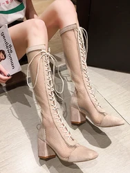 Women's shoes boots autumn 2020 breathable mesh lace-up hollow high-heel zipper knee-length boots