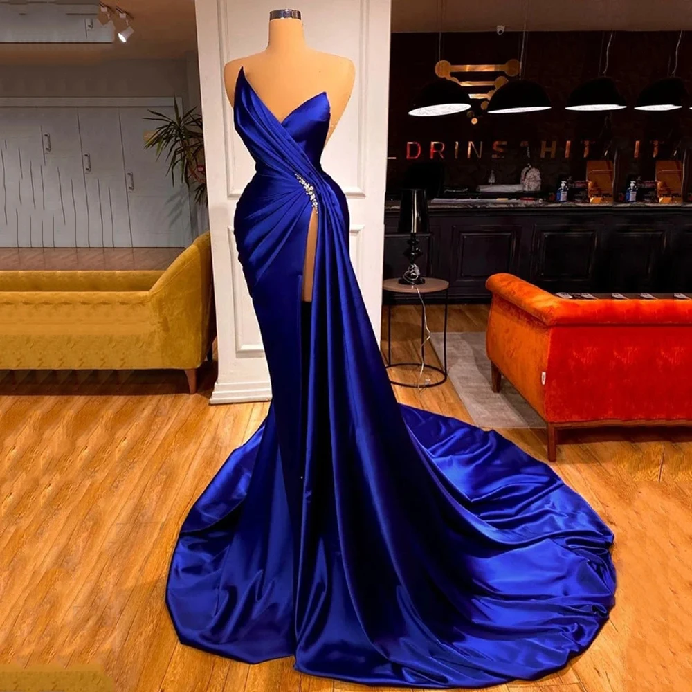 

Royal Blue Evening Dress for Women V-Neck Sleeveless Beading Pleat High Slit Party Formal Occasion Elegantes Mujer Vestidos 2023