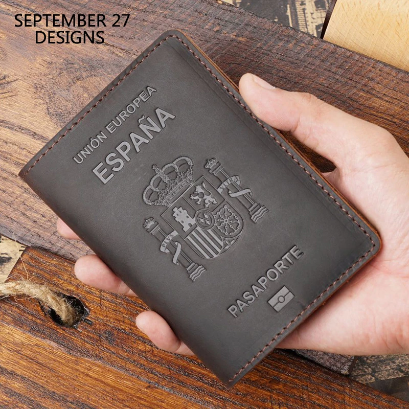 Spain Passport Cover Men Genuine Leather Retro Passport Case Women Crazy Horse Leather Handmade 100% Cowhide Travel Passport Bag