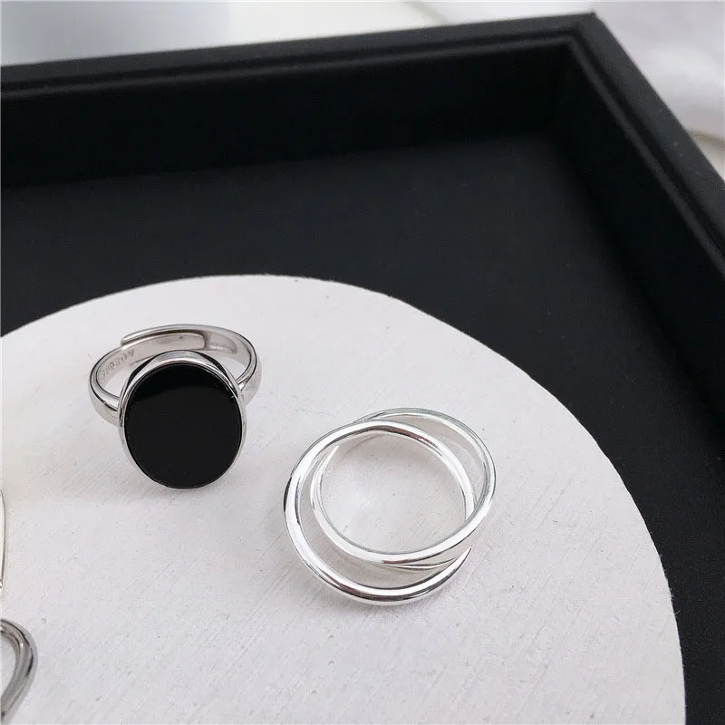 LIVVY Minimalist Fashion Oval Shaped Black Drop Glaze Silver Color Open Ring double Temperament  Jewelry Gift For Woman